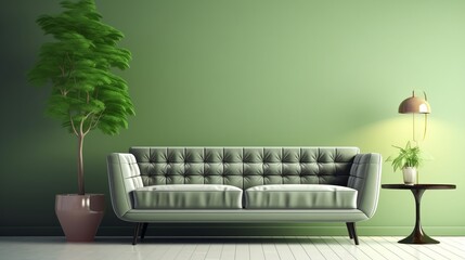 Green colour interior room with green color fabric sofa couch mock up interior house design concept front view perspective,generative ai