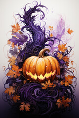 A halloween pumpkin sitting on top of a pile of leaves. Generative AI. Spooky Halloween pumpkin Jack.