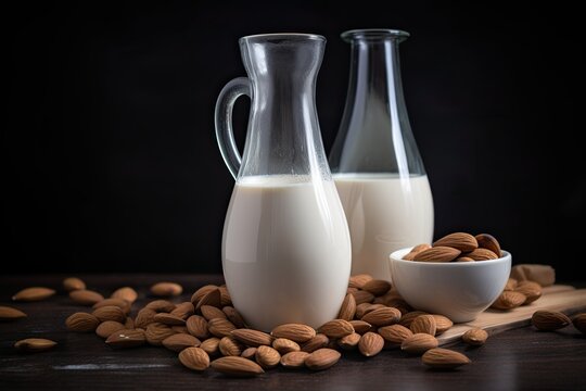 Organic natural almond milk in a jug and with nuts on the table.