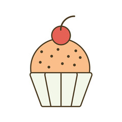 Vector icon, sticker of a chocolate cupcake with cherries in a package for design, printing on clothes, packaging