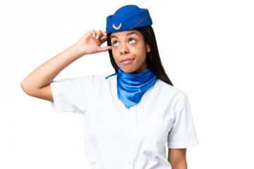 Airplane stewardess African american woman over isolated background having doubts and with confuse face expression