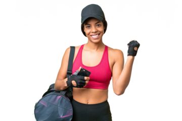 Young sport African american woman with sport bag over isolated background with phone in victory position