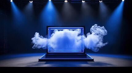 stage and blue smoke night lightning in fog searchlight beams