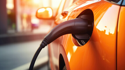 Close up of modern electric car charging on power station. Car ecology, eco transport, renewable...