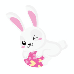 Cute little cartoon bunny playing easter egg vector.Bunny rabbit shell easter egg greeting badge.