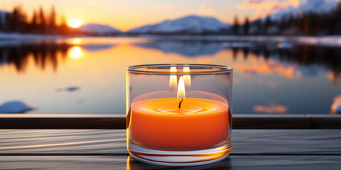 A lit candle sitting on top of a wooden table. Generative AI.