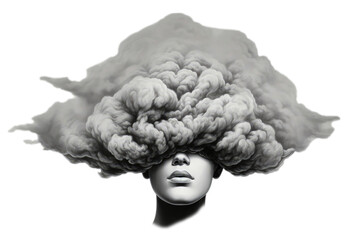 A head stuck in clouds, depression, isolated, white background, generative ai