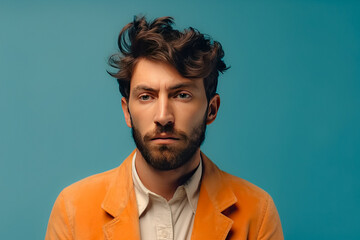 Fototapeta premium Expressive Man. Humorous, Funky Portrait, Stylish Trendy Attire, Smiling Guy in Jacket, Cool Fashionable Dude, Vibrant Colorful Look, Unique Individuality, Funny Crazy Mood. Generative AI.