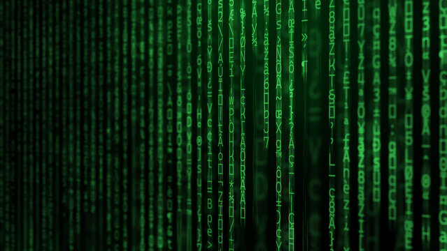Matrix digital rain, futuristic green binary code characters falling down, computer technology concept for coding, hacking or cyber security