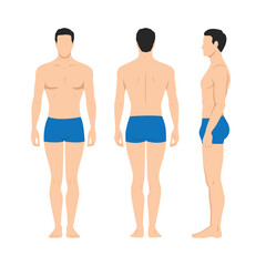 Fototapeta na wymiar Vector illustration of three men in underwear on the white background. Flat young man. Front view man, Side view man, Back side view man. Flat vector illustration isolated on white background