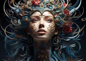 A close up of a woman's face with flowers on her head. Generative AI.