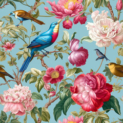 Fototapeta wall mural with exotic flowers and birds, Generative AI obraz