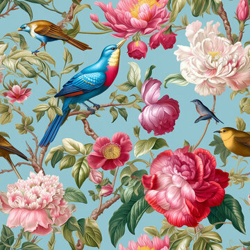 wall mural with exotic flowers and birds, seamless pattern, Generative AI