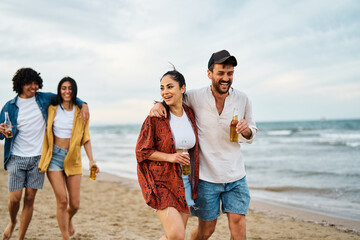 fun beach summer youth friend young woman group friendship happiness drink beer vacation sea couple together man lifestyle holiday