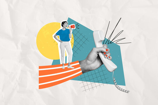 Full body size photo collage sketch of funny young woman voice screaming loudspeaker telephone operator isolated on painting background - Powered by Adobe