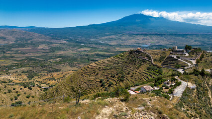 Fototapeta na wymiar Aerial View of Mount Etna from Centuripe via Drone - Aerial drone shot of the scenic Mount Etna, captured from the perspective of Centuripe
