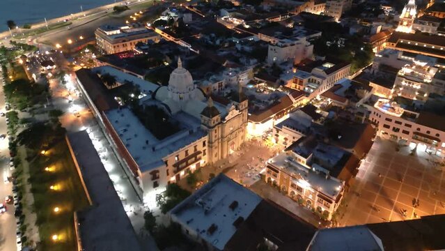 Aerial Drone Fly Above Cartagena Colombia at Night, Cathedral, Historical Center Buildings, Panoramic City View