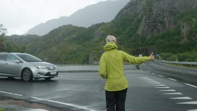 Pretty Blonde Girl Hitchhiking at the Side of the Road in the Lofoten Islands on a Cold Cloudy Rainy Day, Cars Are Passing, Norway