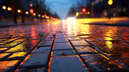 a wet brick road with lights and lights in the background