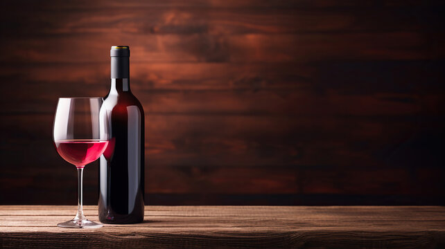 a bottle of red wine on a wooden background