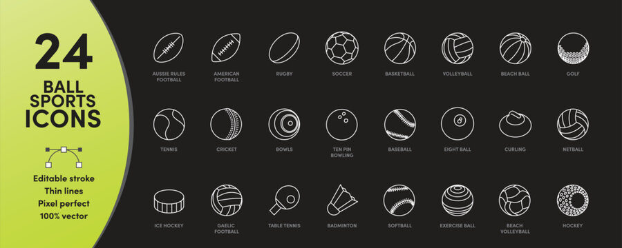 Ball Sports Icon Set with editable stroke. Perfect for logos, stats and infographics. Change the thickness of the line in any vector capable app.