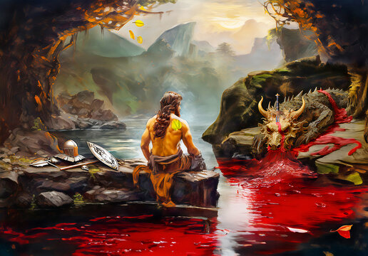 Heroic epos of Nibelung hoard. Siegfried won the fight against dragon. Taking a bath. Created with Generative AI technology