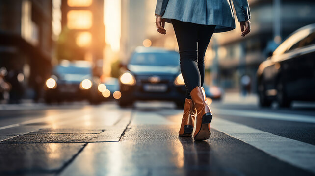 Businesswoman walking across a road on his foot