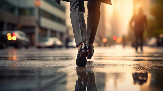 a man in a suit and a pair of shoes walking along an asphalt road
