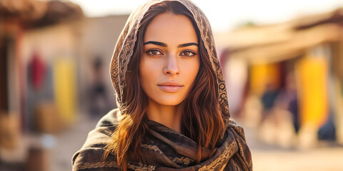 Captivating young Egyptian woman sporting modern attire in a traditional village, embodying eloquent contrast between old and new, with depth blur backdrop. Generative AI