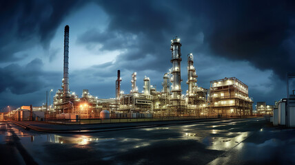 Fototapeta premium a large oil producing plant at night with stormy clouds