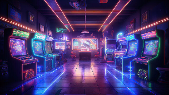 arcade room with retro neon lights