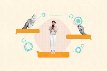 3d retro creative artwork template collage of excited boss asking successful working start up ideas isolated beige color background