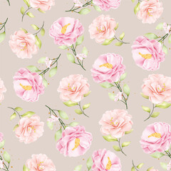 pink and yellow watercolor floral and leaves seamless pattern