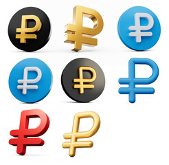 Obraz premium 3d Set Of Eight Different style Of Ruble Symbol With Rounded Icons White Background, 3d Illustration
