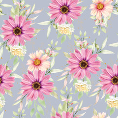 pink and yellow watercolor floral and leaves seamless pattern