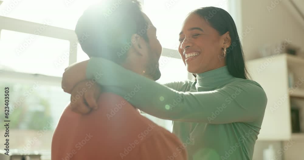 Canvas Prints Love, bonding or happy couple in home dancing in celebration of anniversary, loyalty or marriage together. Smile, romance or woman in a healthy relationship hugging her husband in an intimate moment