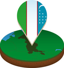 Isometric round map of Uzbekistan with flag.