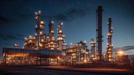 industrial industrial oil refinery plants at the light of evening dark sky - obrazy, fototapety, plakaty