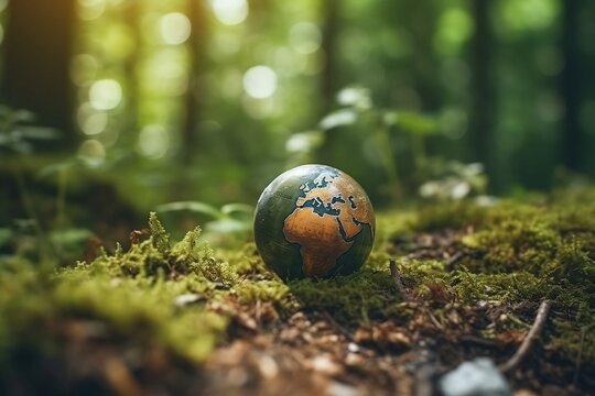 Symbolic Earth Globe Figure Rests in Serene Forest, Inspiring Earth Day Awareness. Generative AI. 