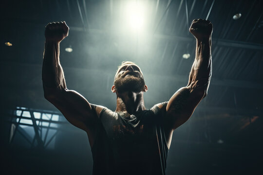 Fictional fighter raising fists Created with GenAI Software