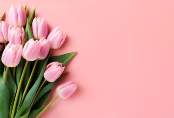 Bouquet of tulips on pink background. Copy space. Tulips background. Concept of women's day, mother's day. Generated AI