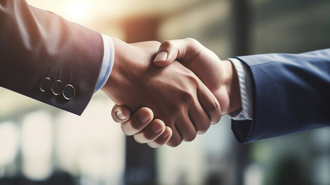 two businessmen shake hands at an office