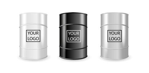 Realistic White, Steel and Black Metal Oil, Fuel, Gasoline Barrel Set Isolated. Design Template of Packaging for Mockup. Vector