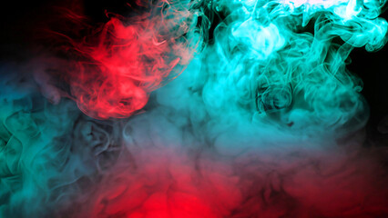 Fototapeta na wymiar Free photo abstract red and turquoise smoke on black dark background 