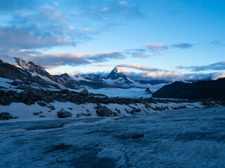 Zermatt, Switzerland - July 2nd 2023: Early morning view from a glacier towards the peak of Matterhorn