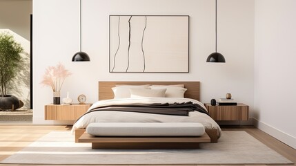Contemporary and minimalist bedroom with a platform bed, floor-to-ceiling windows, and a monochromatic color scheme, generative ai