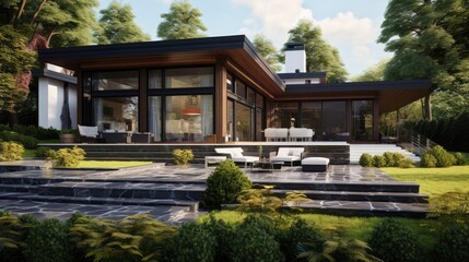 Fototapeta na wymiar Contemporary house design with a beautiful garden view, generative ai