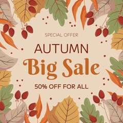 Autumn Big Sale square template design with copy space. Concept for square social media post frame with different leaves and berries on a twig.