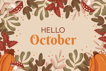 Autumn Hello October background design with different leaves branches, pumpkins and mushroom fly agaric, copy space. Fall concept backdrop frame with autumn vegetable and foliage.