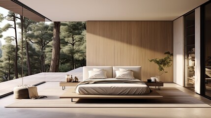 Minimalist boutique hotel room with a platform bed, minimalist furnishings, and a soothing color palette, generative ai
